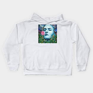 Digital portrait of young  Woman with  flowers and butterflies Kids Hoodie